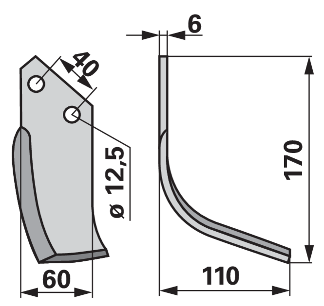 Bogenmesser rechts Breviglieri 105004 – Detail Aufnahmen, Lochabstand 40 mm