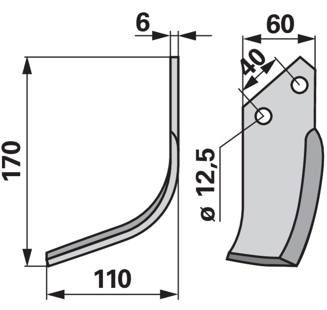 Detailansicht Bogenmesser links: Lochabstand 40 mm, Lochdurchmesser 12,5 mm
