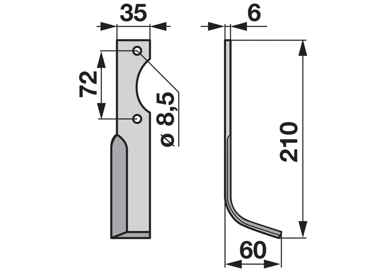 Winkelmesser rechts 35x6 L=210 mm Bodenfräsen, Arbeitsbreite 60 mm, Lochabstand 72 mm