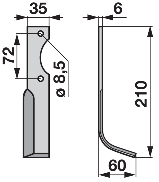 Fräsmesser Rechtsmesser Detailansicht: Sekundärbreite 35 mm, Stärke 6 mm, Bohrung 8,5 mm
