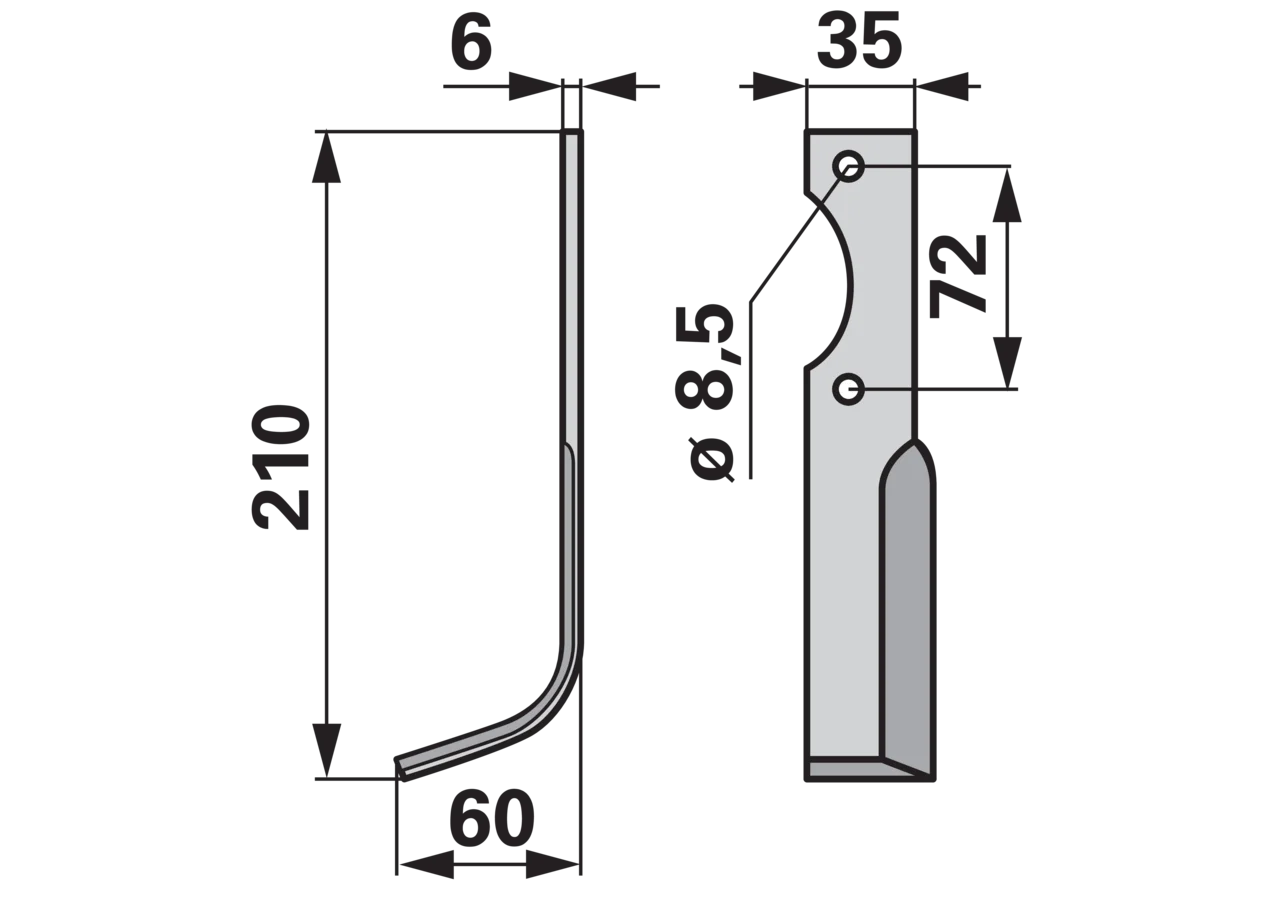 Winkelmesser links 35x6 L=210 mm Arbeitsbreite 60 mm Lochabstand 72 mm GartenShop24 - Hochwertige Gartengeräte