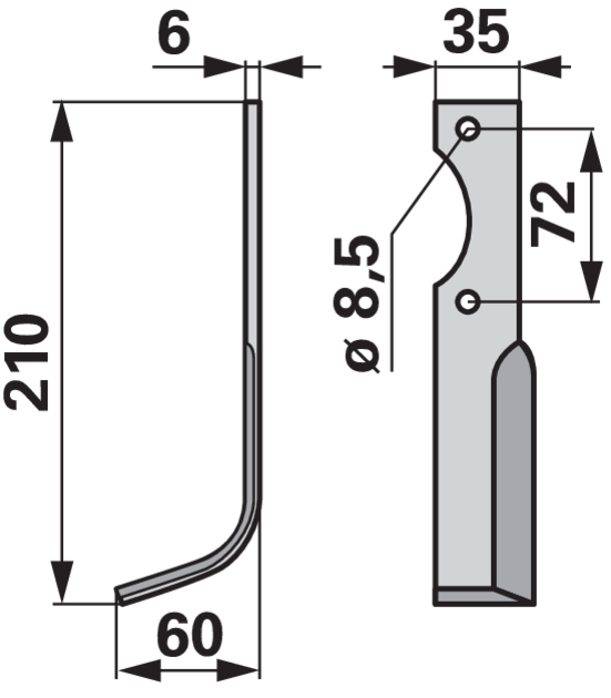 Winkelmesser links 35x6 L=210 mm Arbeitsbreite 60 mm Lochabstand 72 mm GartenShop24 - Hochwertige Gartengeräte