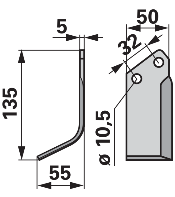 Bogenmesser links Comeb 158007 – Detailansicht Lochabstand 32 mm und Stärke 5 mm