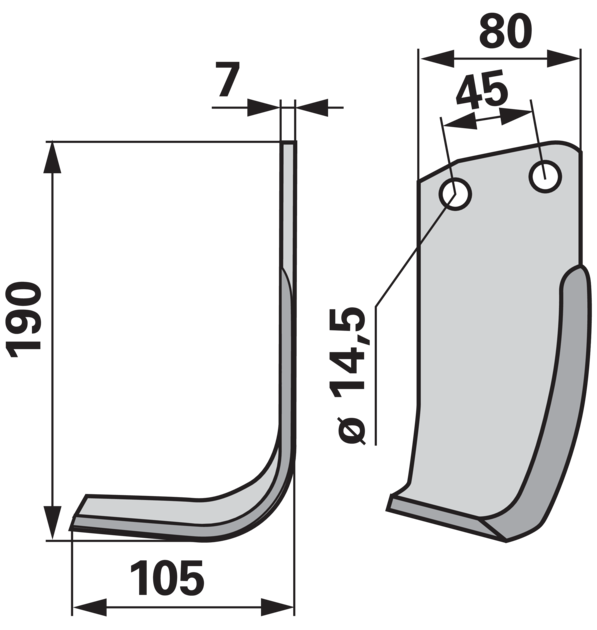 Winkelmesser links 190x105 mm, Stärke 7 mm, Lochabstand 45 mm – Detailansicht