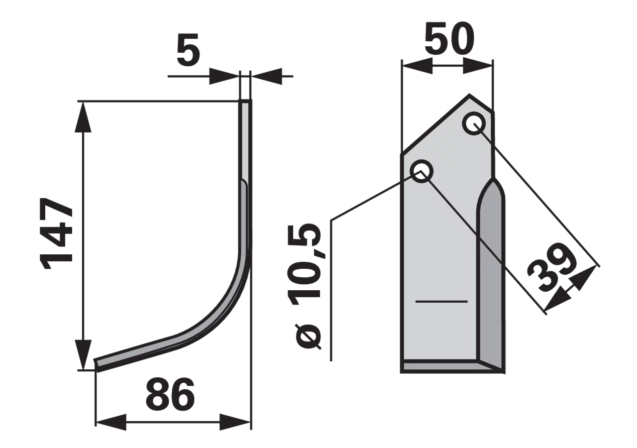 Bogenmesser links Goldoni 13545 – Ersatzteil für Bodenfräsen, 86×147 mm, Stärke 5 mm