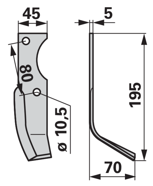 Bogenmesser rechts Goldoni 8834 – Detailansicht Lochabstand 80 mm und Lochdurchmesser 10,5 mm