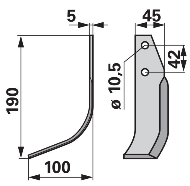 Bogenmesser links Goldoni 14487 – Detailansicht Bohrung 10,5 mm, Stärke 5 mm