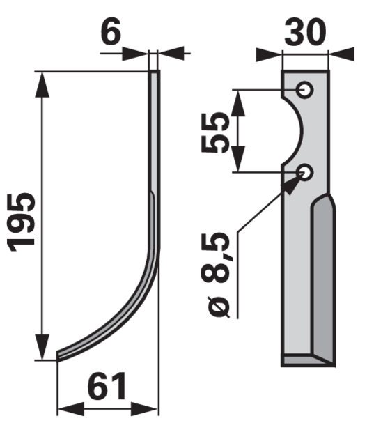 Bogenmesser links BCS B580.59276.0 – Detailansicht Lochabstand 55 mm und Stärke 6 mm