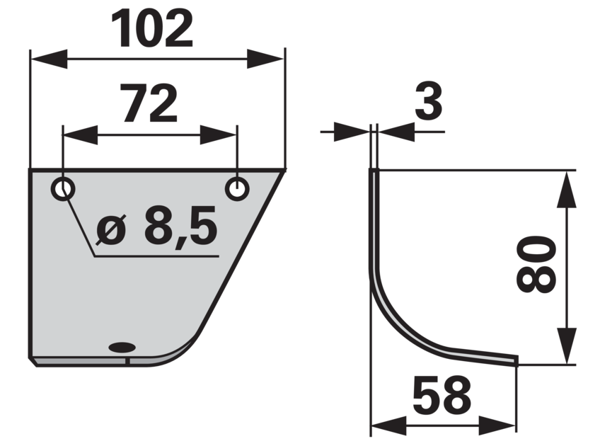 Bogenmesser rechts Hako 90-00978-8 – Detailansicht Lochabstand und Lochdurchmesser