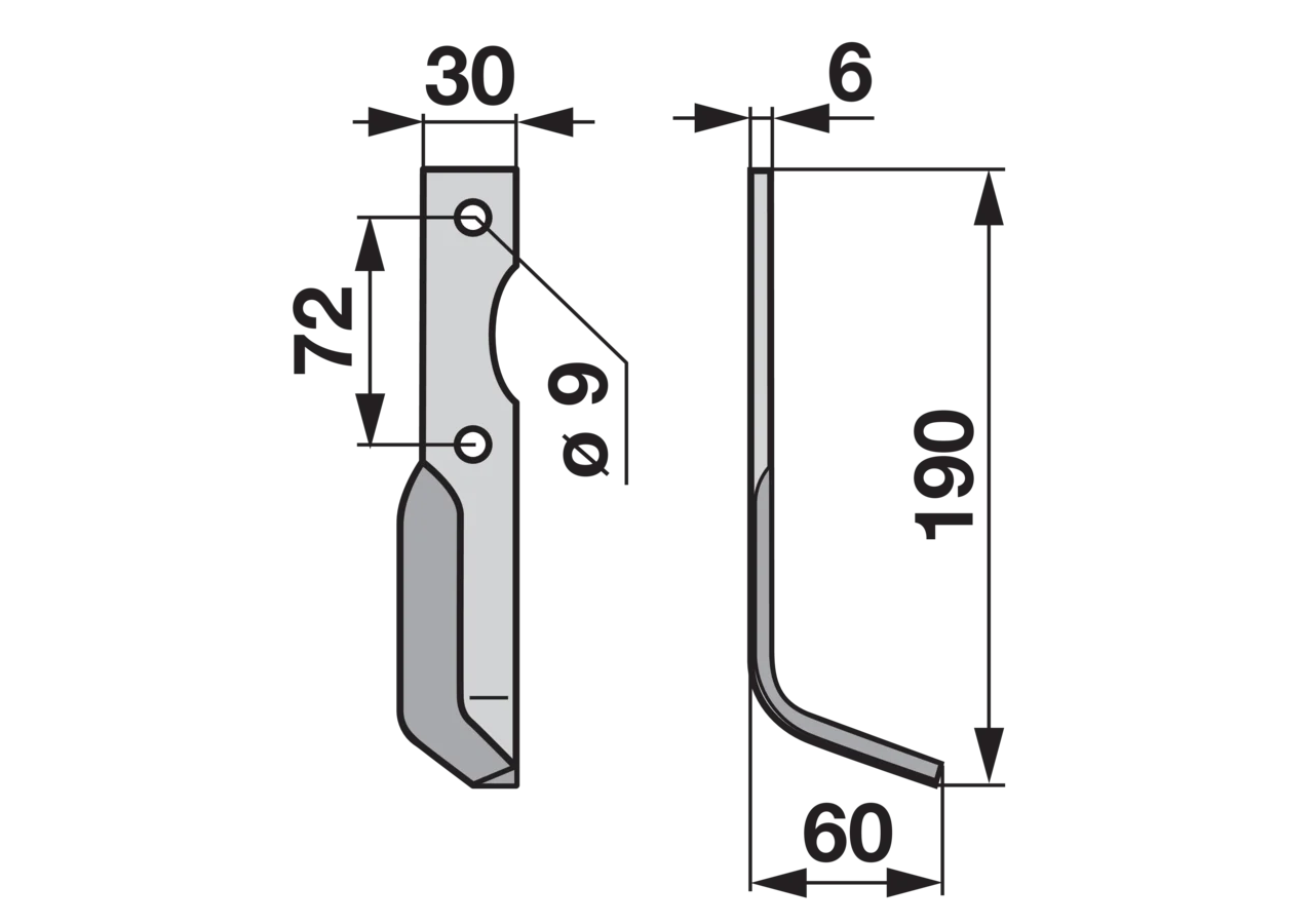 Bogenmesser rechts Lochabstand (LA) 72 mm GartenShop24