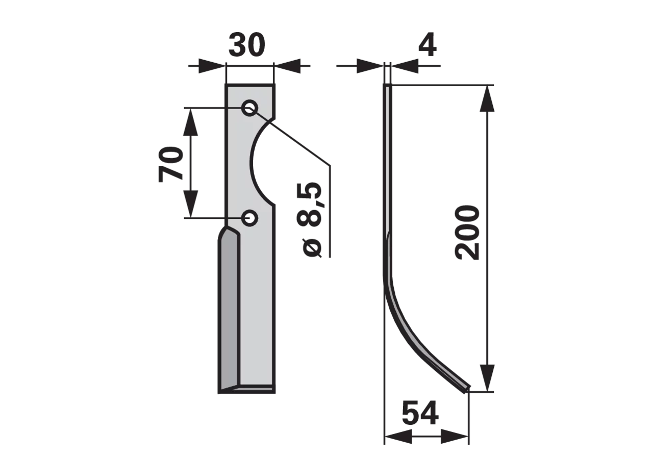 Bogenmesser rechts 30x4 L=200 mm LA=70 – Ersatzmesser für Bodenfräsen, Höhe 200 mm