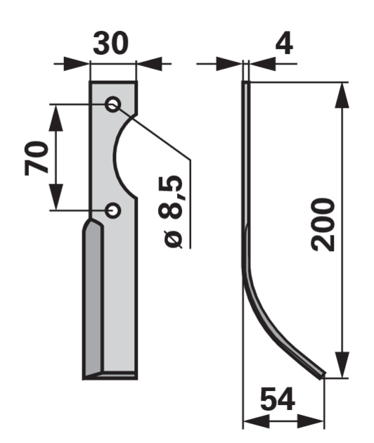 Bogenmesser rechts Detailansicht: Lochabstand 70 mm, Lochdurchmesser 8,5 mm, Stärke 4 mm