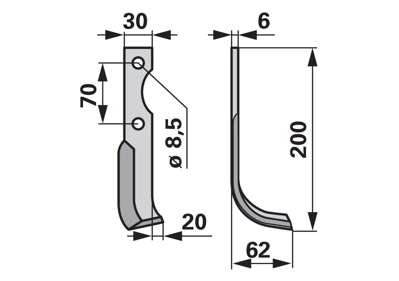 Bogenmesser rechts 30x6 L=200 mm Arbeitsbreite 62 mm Lochabstand 70 mm GartenShop24 - Hochwertige Gartengeräte