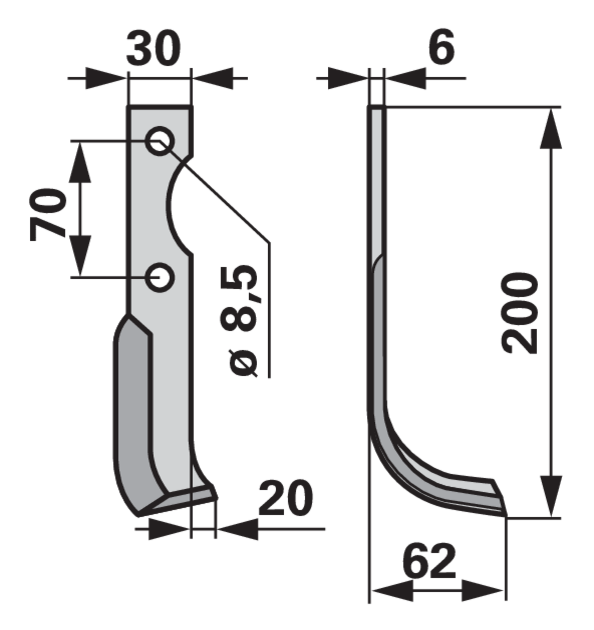 Bogenmesser rechts 30x6 L=200 mm Arbeitsbreite 62 mm Lochabstand 70 mm GartenShop24 - Hochwertige Gartengeräte