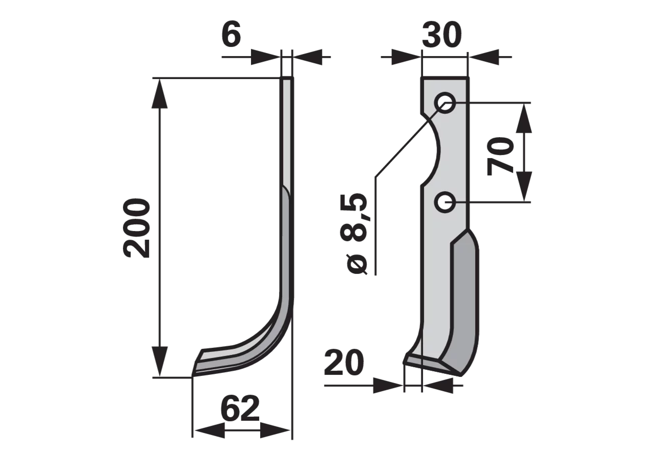 Bogenmesser links 30x6, L = 200 mm, Arbeitsbreite 62 mm, Lochabstand 70 mm GartenShop24 - Hochwertige Gartengeräte