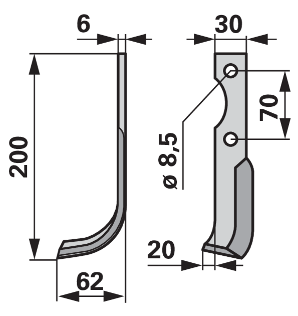 Bogenmesser links 30x6, L = 200 mm, Arbeitsbreite 62 mm, Lochabstand 70 mm GartenShop24 - Hochwertige Gartengeräte