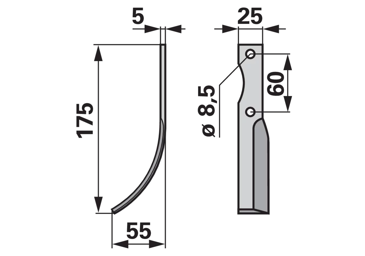 Bogenmesser links F210 Fräsmesser 55 mm – Höhe 175 mm, Stärke 5 mm für Bodenfräsen