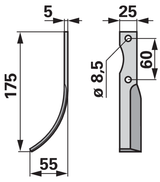 Bogenmesser links F210 Fräsmesser 55 mm – Detail Lochabstand 60 mm und Lochdurchmesser 8,5 mm