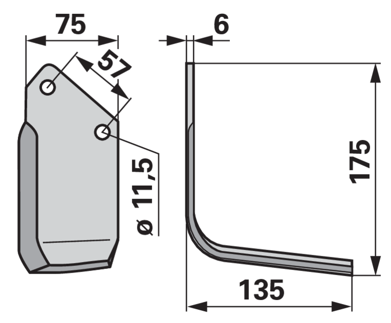 Winkelmesser rechts Howard 9901 Ersatz – Detailansicht Lochabstand 57 mm und Lochdurchmesser 11,5 mm