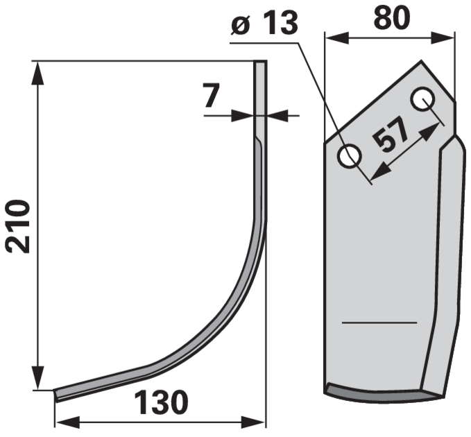 Bogenmesser links Howard 994881 210 mm – Detailansicht Lochabstand und Breite