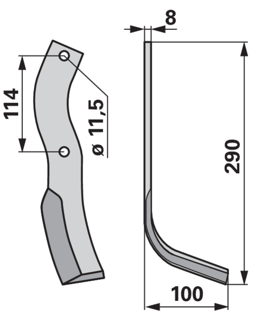 Bogenmesser rechts Howard 626094 – Detailansicht Bohrungen, Lochabstand 114 mm