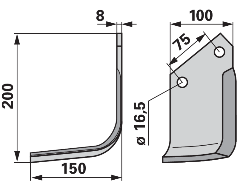 Detailansicht Bohrung: Lochdurchmesser 16,5 mm, Lochabstand 75 mm, Stärke 8 mm
