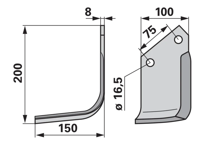 Winkelmesser links Howard 756784 – Seitenansicht mit Maßangaben 200×150 mm