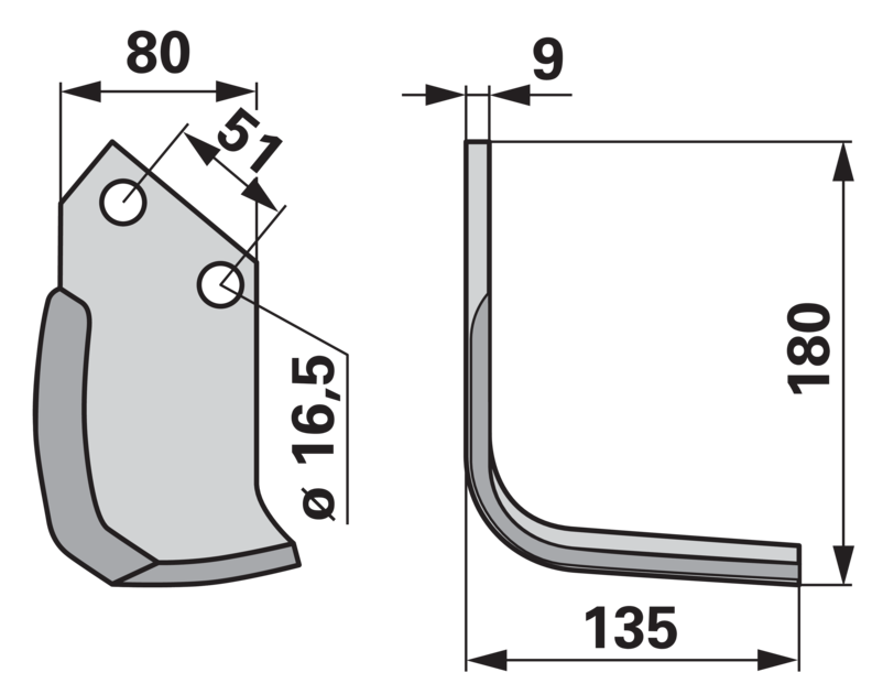 Winkelmesser rechts Howard 9920 Fräsmesser – Detailansicht Lochabstand und Lochdurchmesser