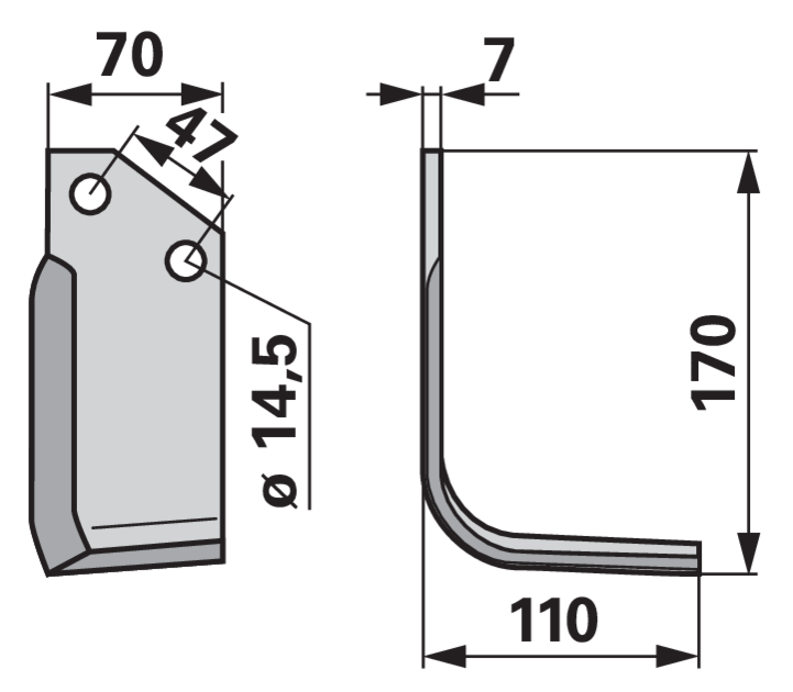 Detailansicht Winkelmesser rechts 110 mm: Lochabstand 47 mm, Lochdurchmesser 14,5 mm