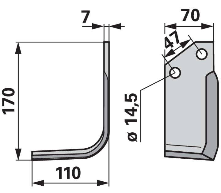 Winkelmesser links Krobath 3214 – Detailansicht Bohrung, Lochabstand 47 mm