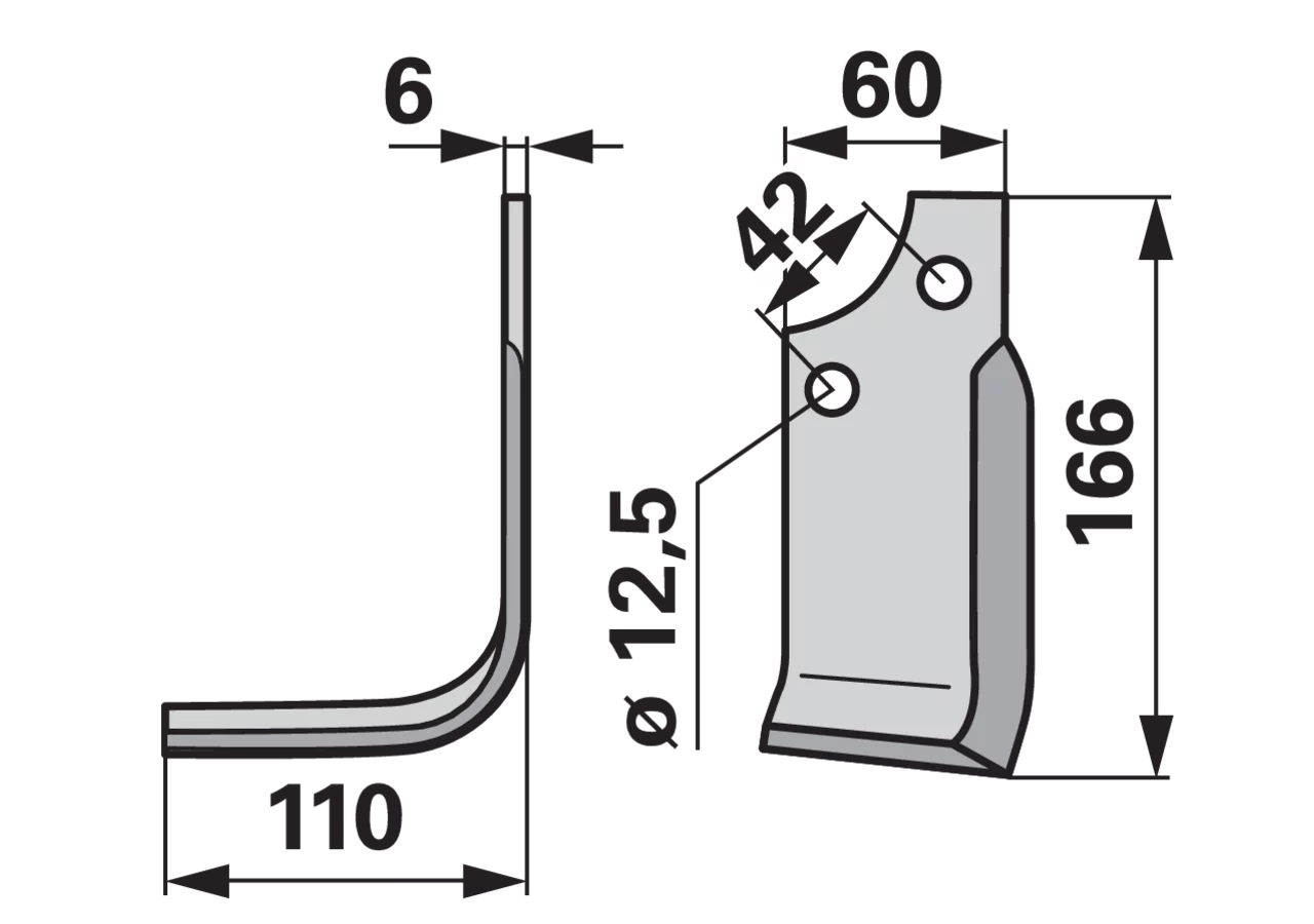 Winkelmesser links 60x6 166mm Bodenfräsen – Ersatzmesser, Arbeitsbreite 110mm