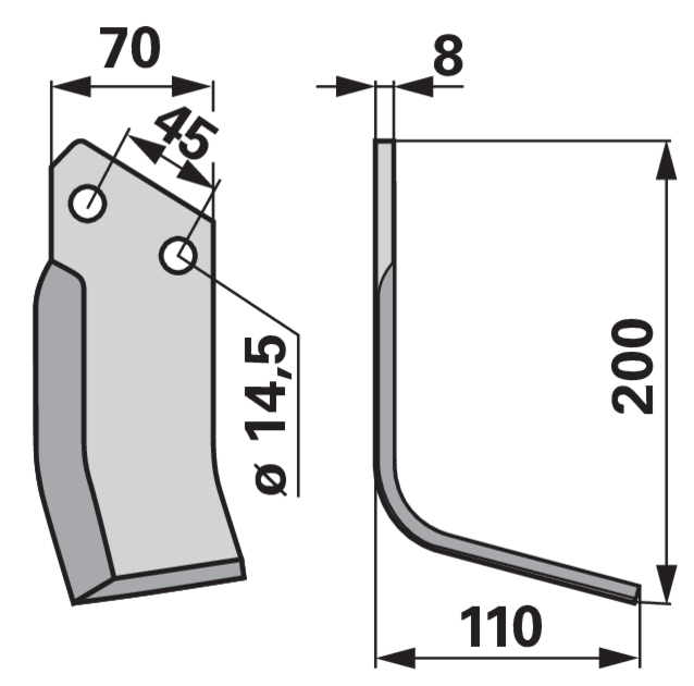 Winkelmesser rechts Kverneland 0100079 – Seitenansicht, Stärke 8 mm
