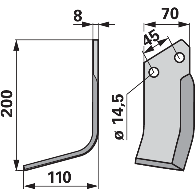 Winkelmesser links 0100080 – Detailansicht Lochabstand 45 mm und Lochdurchmesser 14,5 mm