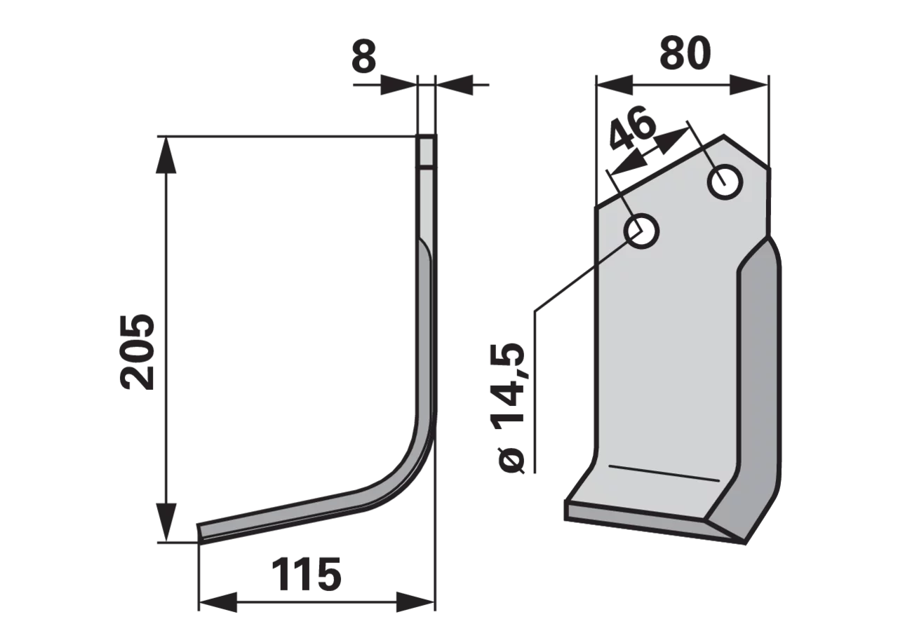 Winkelmesser links Kverneland 0500080 – Fräsmesser 205×115 mm, Stärke 8 mm