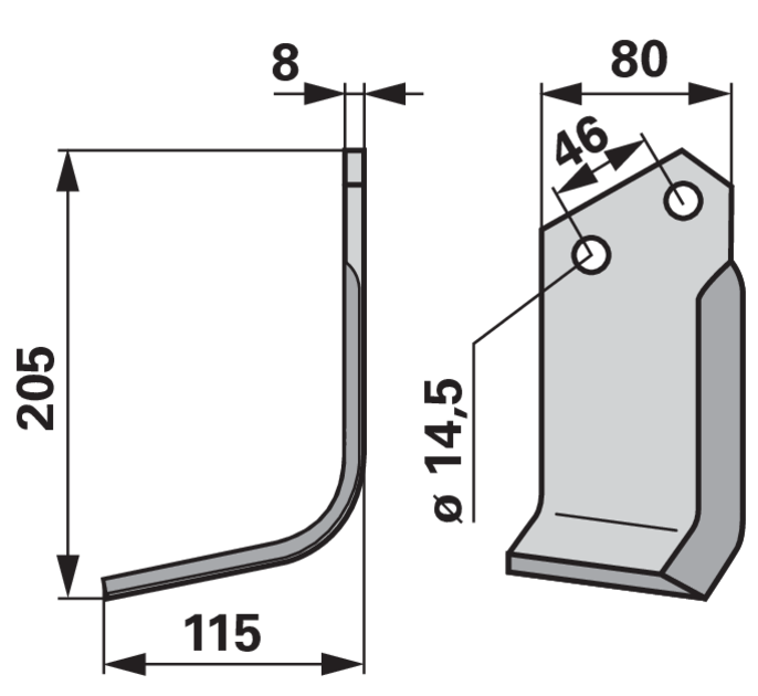 Winkelmesser links Kverneland 0500080 – Detailansicht Bohrungen, Lochabstand 46 mm