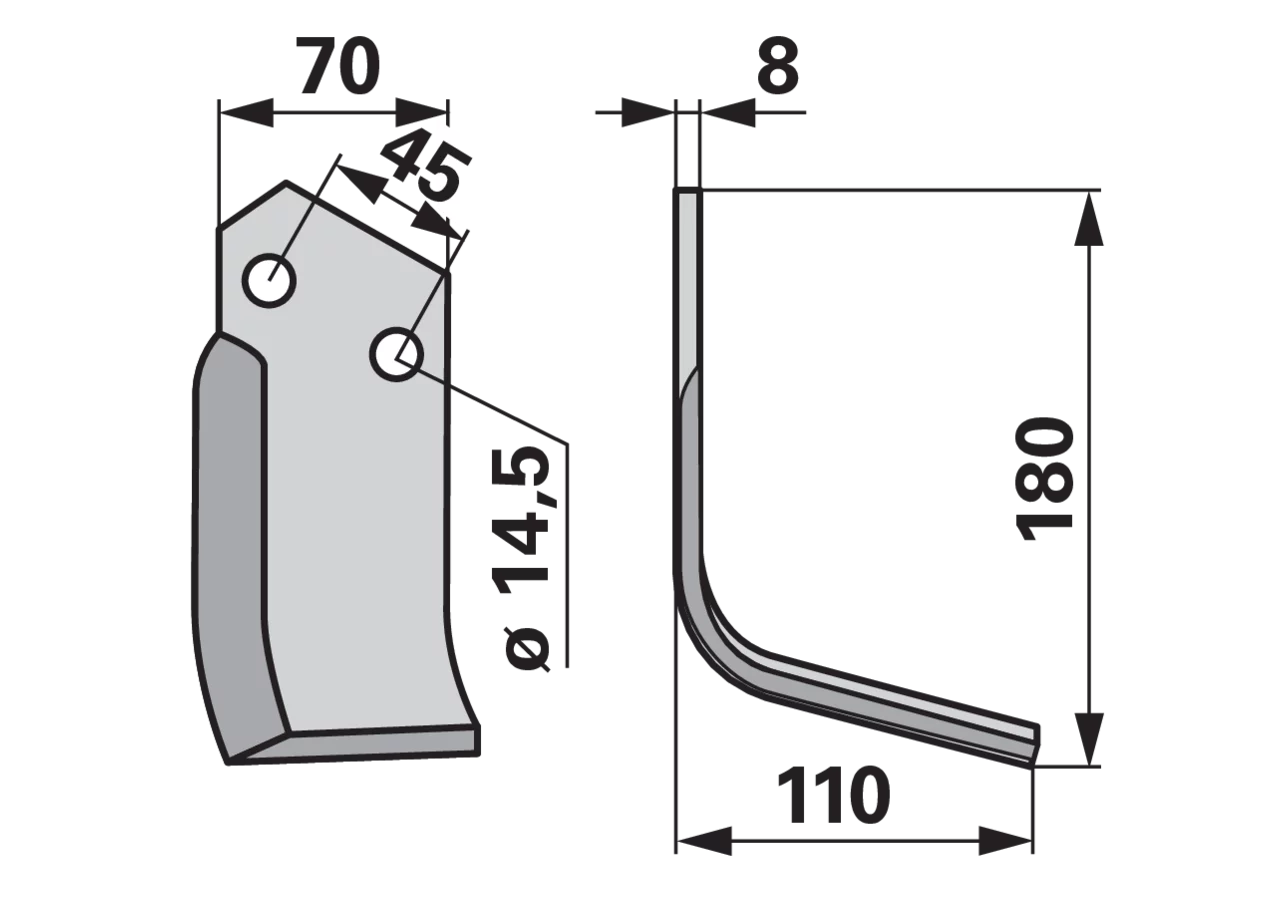 Winkelmesser rechts 70x8 L=180 Arbeitsbreite 110 mm Lochabstand 45 mm GartenShop24 - Hochwertige Gartengeräte
