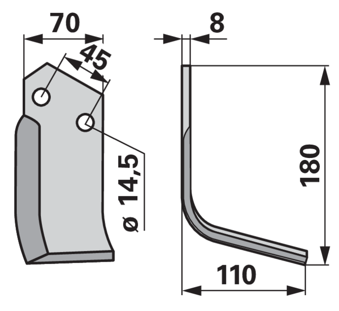 Winkelmesser rechts 70x8 L=180 Arbeitsbreite 110 mm Lochabstand 45 mm GartenShop24 - Hochwertige Gartengeräte