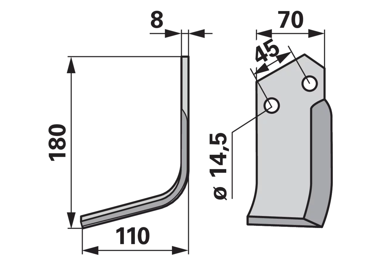 Winkelmesser links 70x8 Höhe 180 mm Bodenfräsen – Arbeitsbreite 110 mm, Lochabstand 45 mm