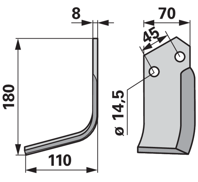 Fräsmesser Linksausführung – Gesamthöhe 180 mm, Stärke 8 mm, Lochdurchmesser 14,5 mm