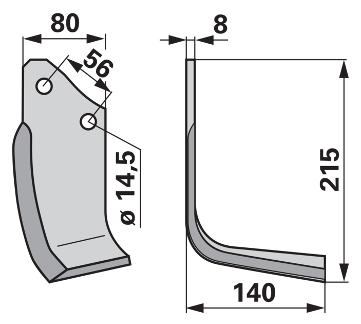 Winkelmesser rechts Maschio 01110428 – Detailansicht Lochabstand 56 mm und Lochdurchmesser 14,5 mm
