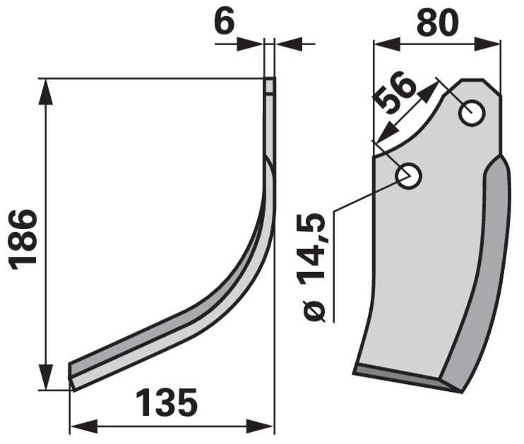 Bogenmesser links 02108433 – Detailansicht Lochabstand 56 mm und Lochdurchmesser 14,5 mm