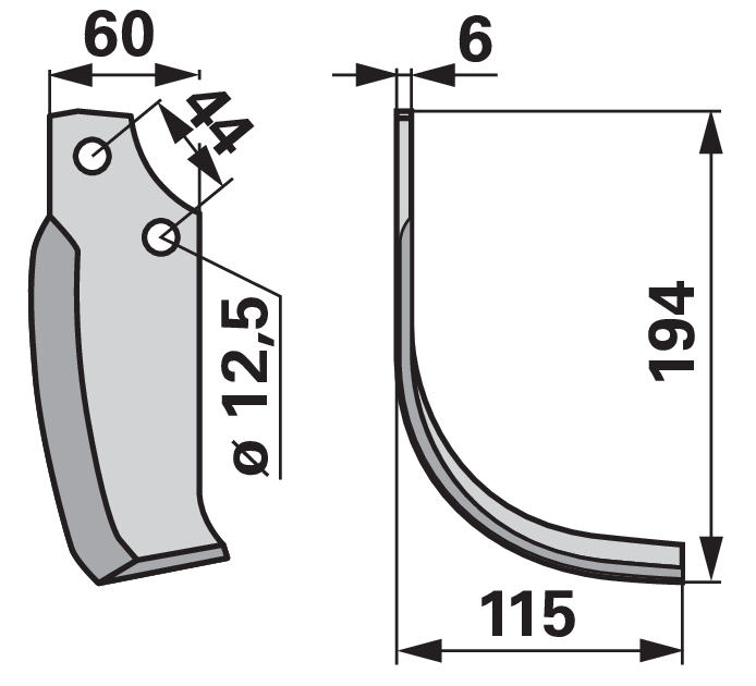 Bogenmesser rechts Maschio 19100417 – Detailansicht Lochabstand 44 mm und Stärke 6 mm