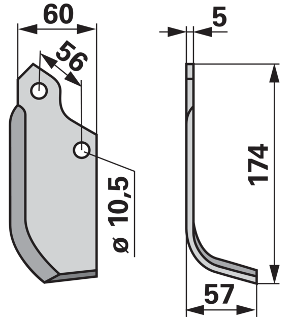 Bogenmesser rechts Maschio 21100412 – Detailansicht Lochabstand 56 mm und Lochdurchmesser 10,5 mm