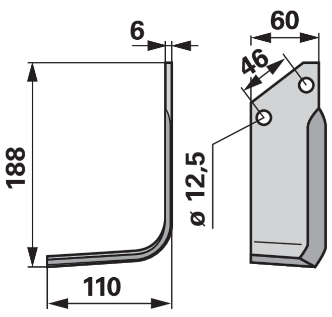 Fräsmesser Winkelmesser links, Arbeitsbreite 110 mm, Lochabstand 46 mm, Stärke 6 mm