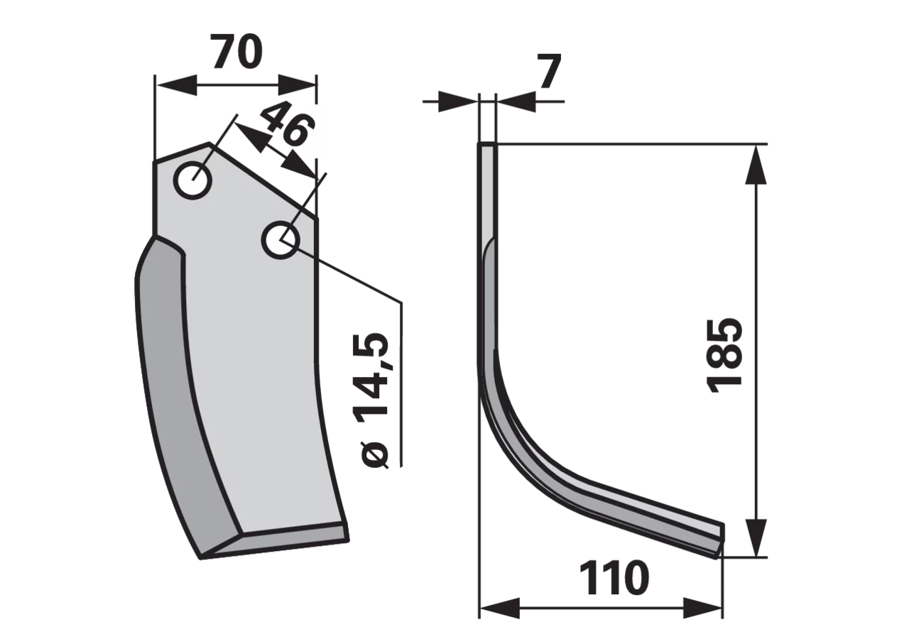 Bogenmesser rechts 70x7 L=185 mm Arbeitsbreite 110 mm für Bodenfräsen