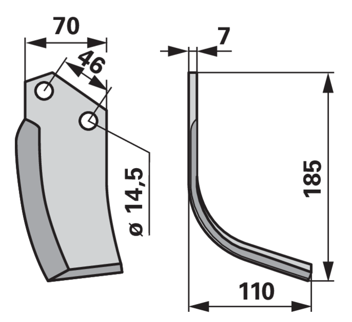 Fräsmesser Rechtsausführung, Lochabstand 46 mm, Lochdurchmesser 14,5 mm – Detailansicht