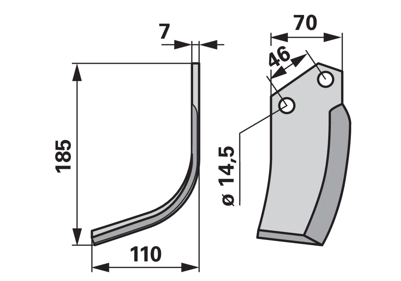 Bogenmesser links 70x7 L=185 Arbeitsbreite 110 mm – Fräsmesser für Bodenfräsen