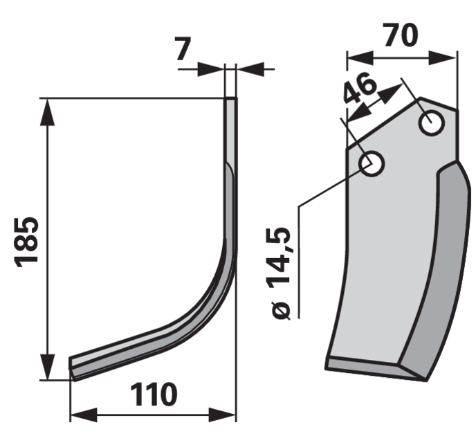 Bogenmesser links, Stärke 7 mm, Lochabstand 46 mm, Lochdurchmesser 14,5 mm – Detailansicht