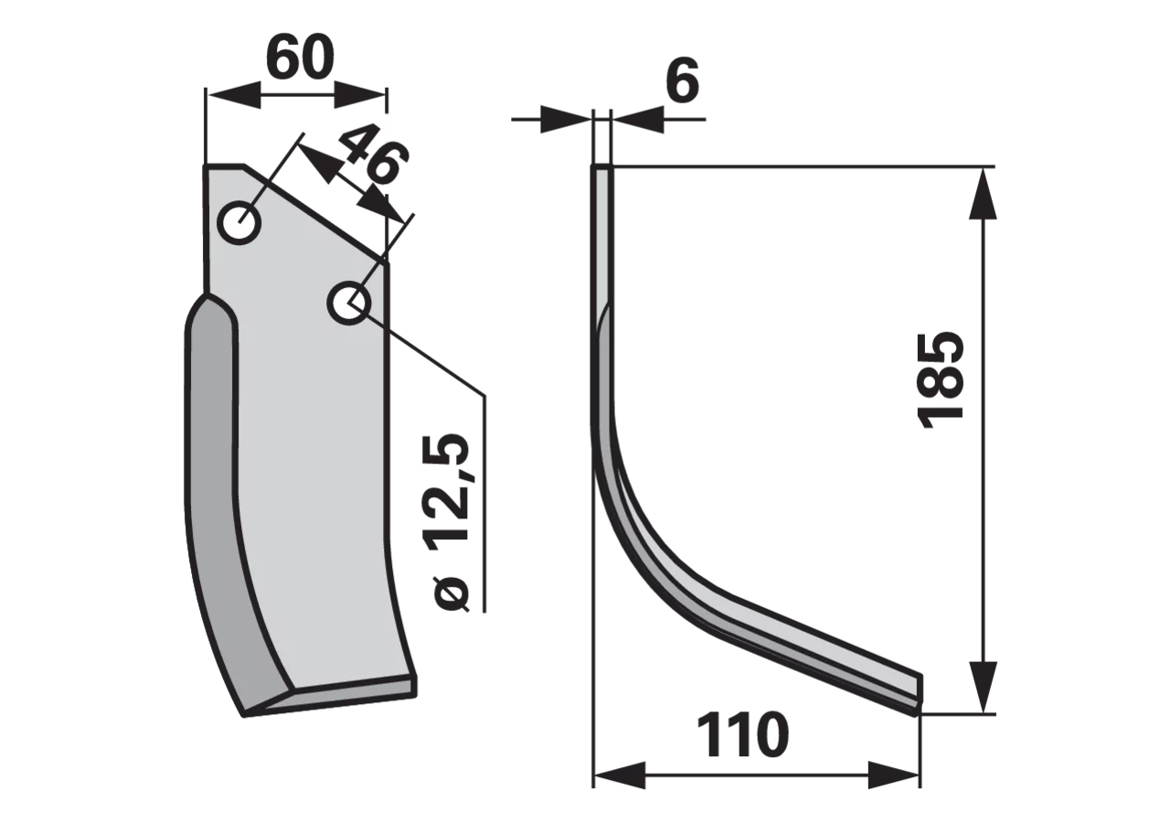 Bogenmesser rechts 60x6 L=185 mm Arbeitsbreite 110 mm LAB=46 mm GartenShop24 - Hochwertige Gartengeräte