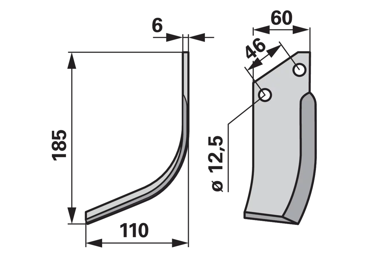 Bogenmesser links 60x6 Höhe 185 mm Arbeitsbreite 110 mm Lochabstand 46 mm GartenShop24 - Hochwertige Gartengeräte